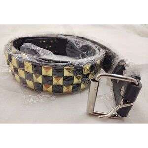 Black Faux Leather Studded Belt Gold Accents Adjustable Buckle Rock Fashion